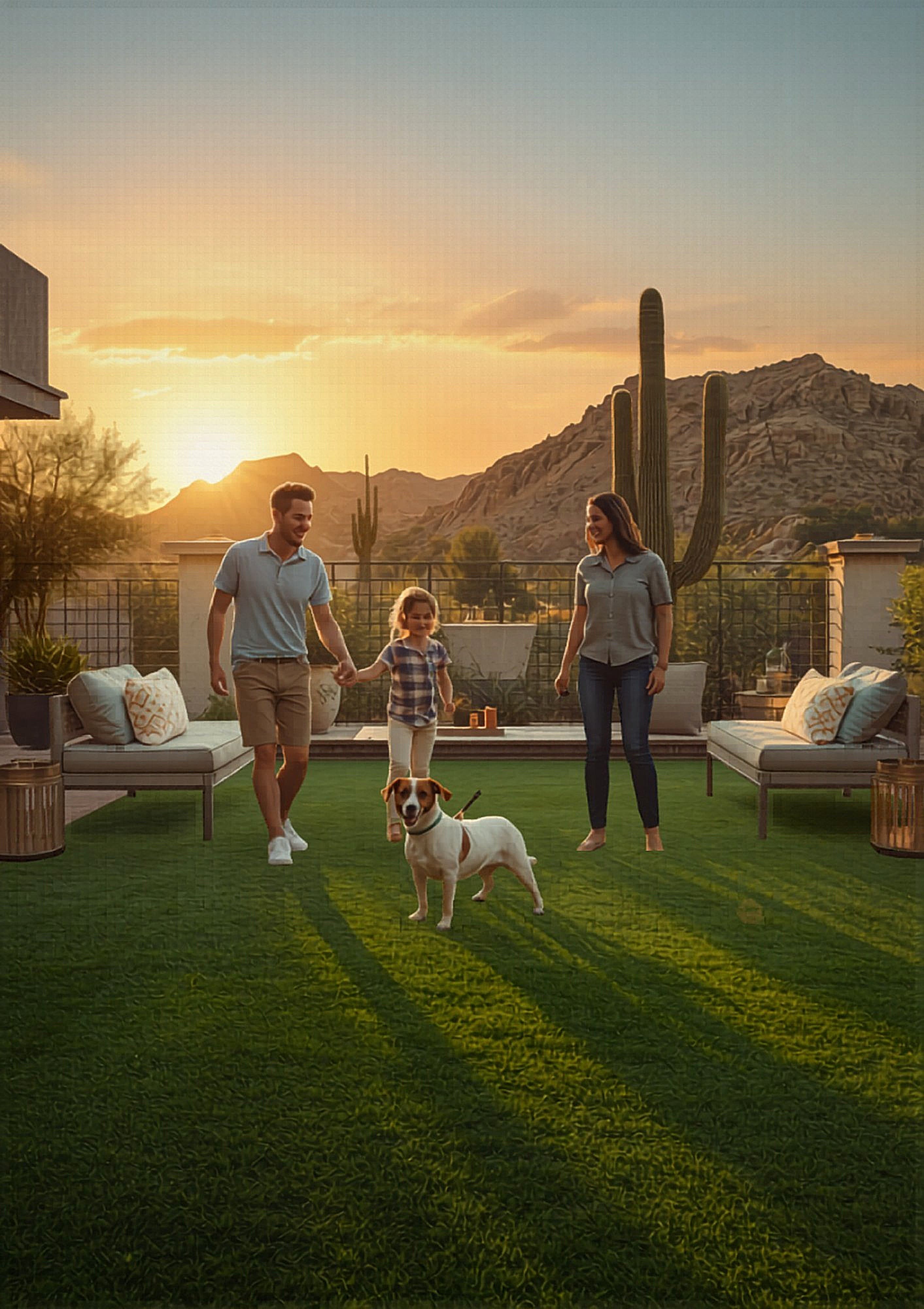 Arizona family enjoying their freshly cleaned turf backyard at golden hour
