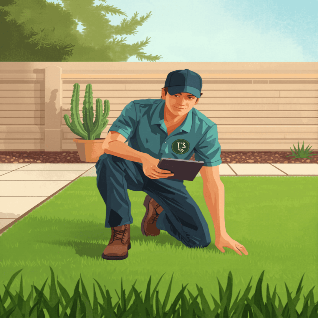 Step 1: Inspect — T's Turf Care technician demonstrating the inspect step on artificial turf