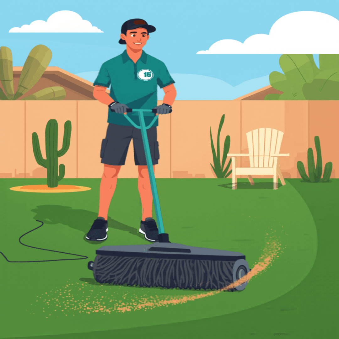 Step 3: Power Brush — T's Turf Care technician demonstrating the power brush step on artificial turf