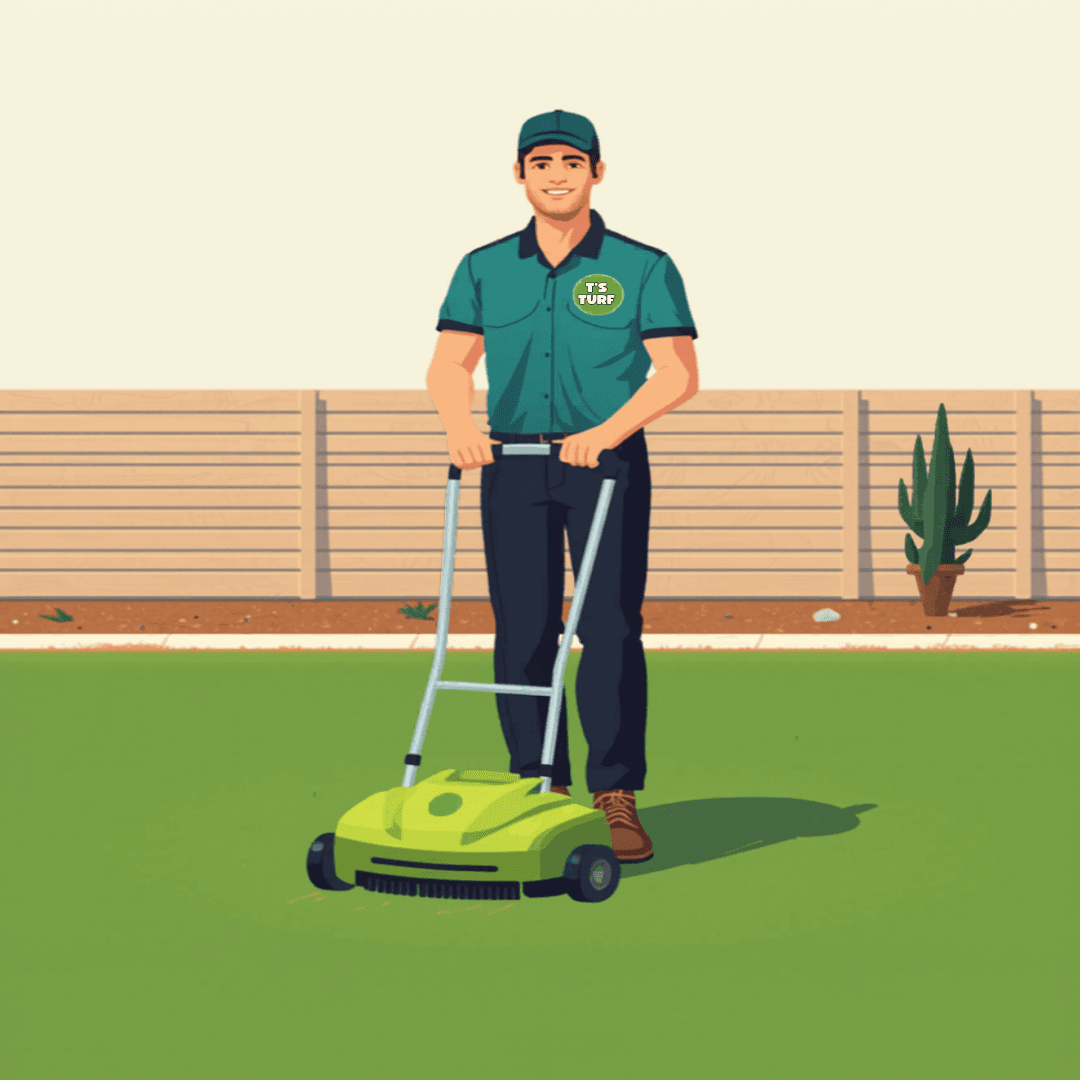 Step 4: Turf Vacuum — T's Turf Care technician demonstrating the turf vacuum step on artificial turf