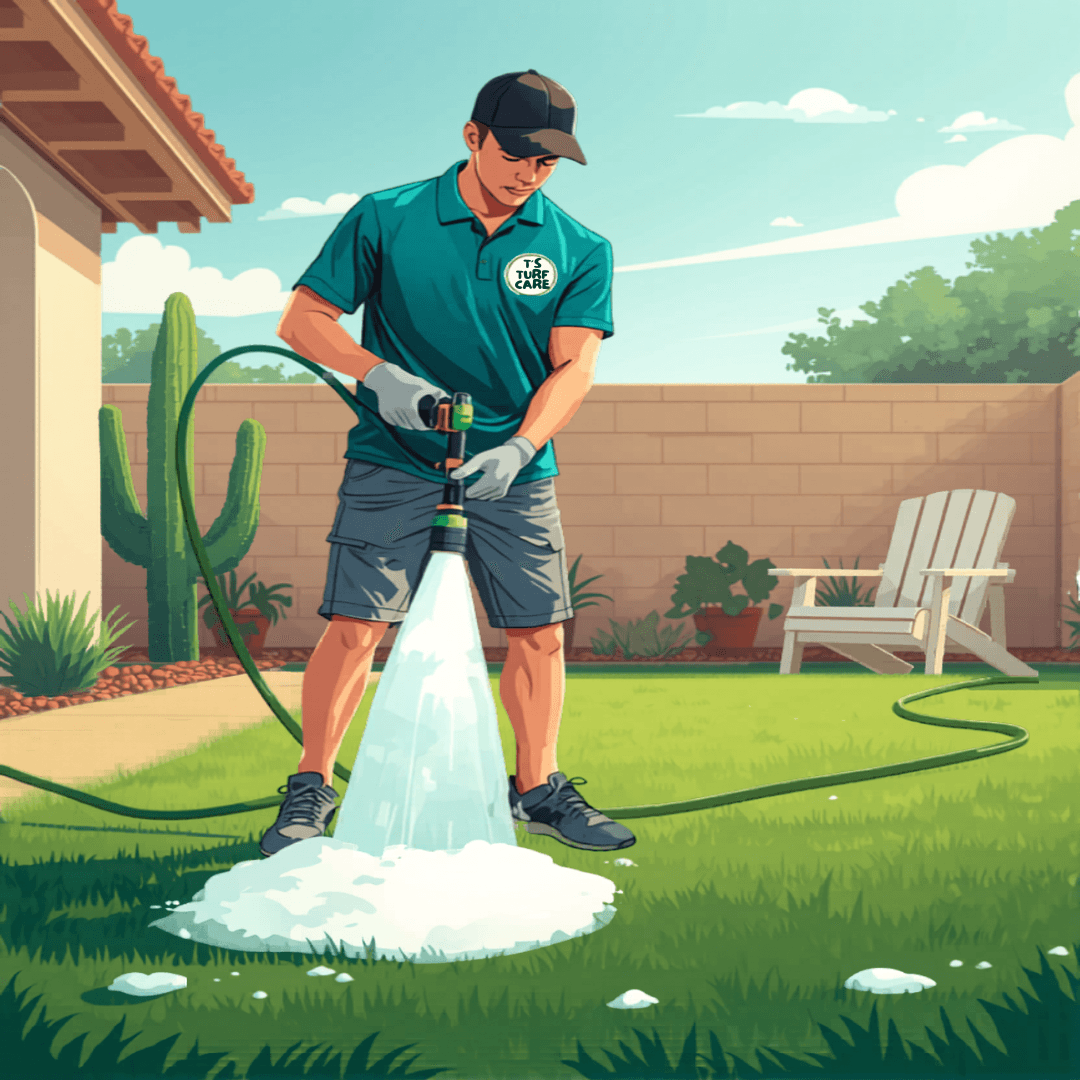 Step 6: Odor Treatment — T's Turf Care technician demonstrating the odor treatment step on artificial turf