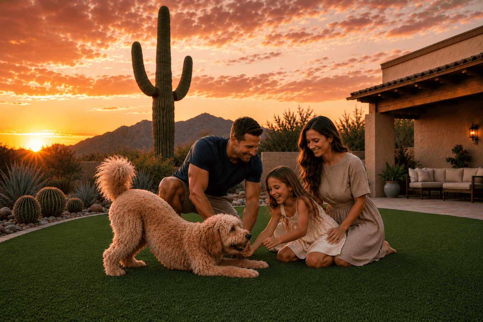 Arizona family enjoying their freshly cleaned artificial turf at sunset